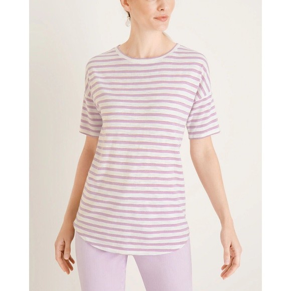 Chicos Women's Purple Metallic Elbow Sleeves Classic Fit Lurex Striped Tee Sz LG - Picture 1 of 12